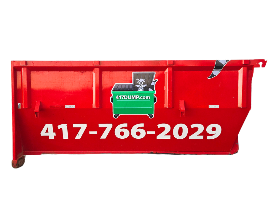 A red dumpster with a green dumpster and a phone number on it.