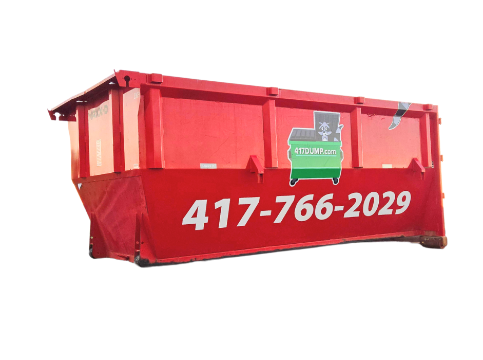 A red dumpster with the phone number on it.