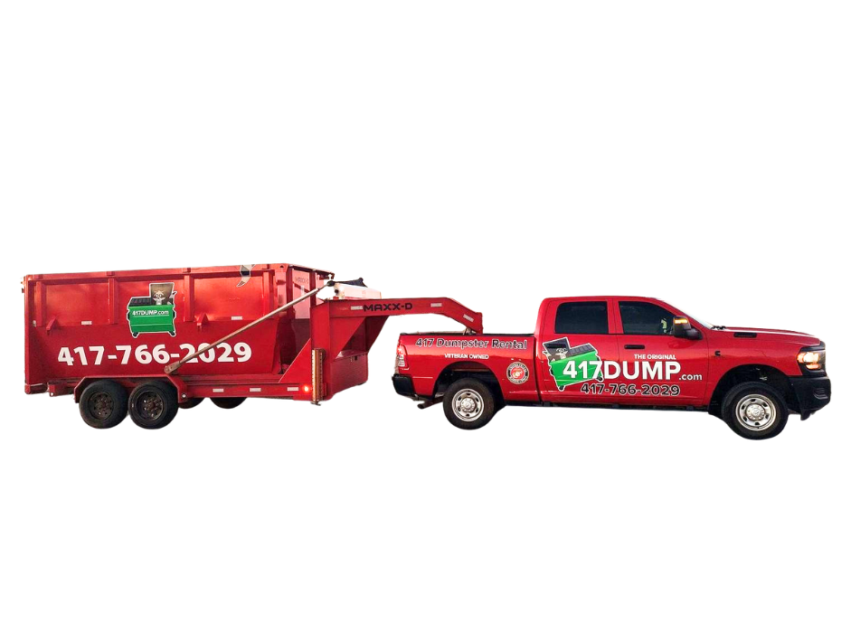 A red dump truck with a trailer attached to it.