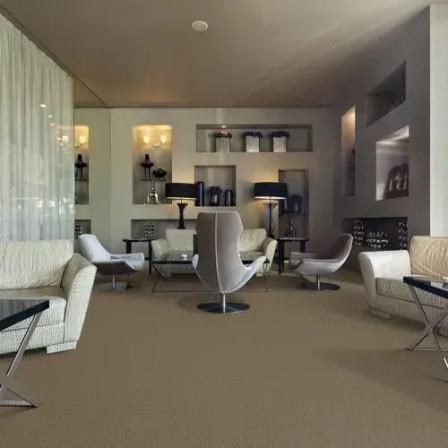 A modern living room with beige carpet, seating areas, built-in shelves, and a fireplace.