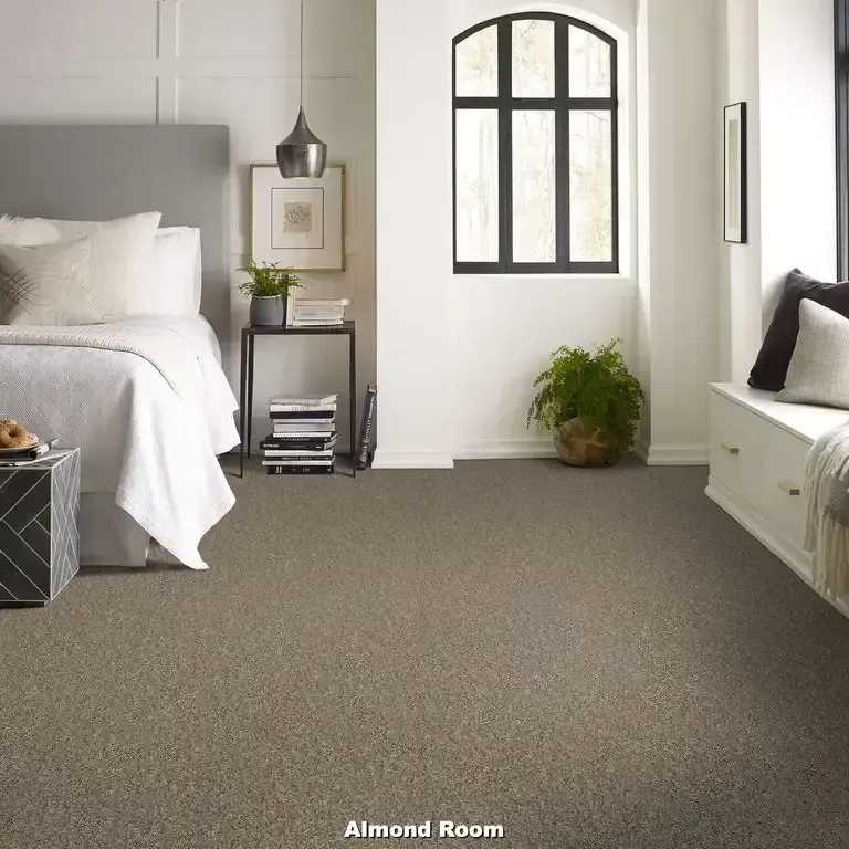 Bedroom with neutral-colored carpet, white bed, a black window, and a small potted plant on the floor.