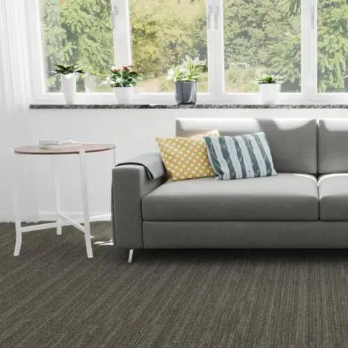 Gray carpet in a living room with gray couch, small table, and window with plants.