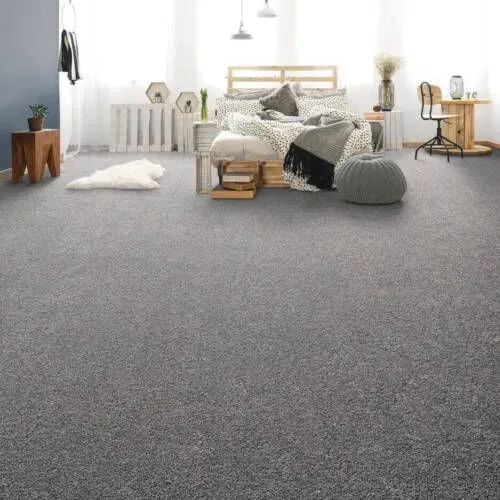 Gray carpet in a bedroom with a bed, furniture, and a window.