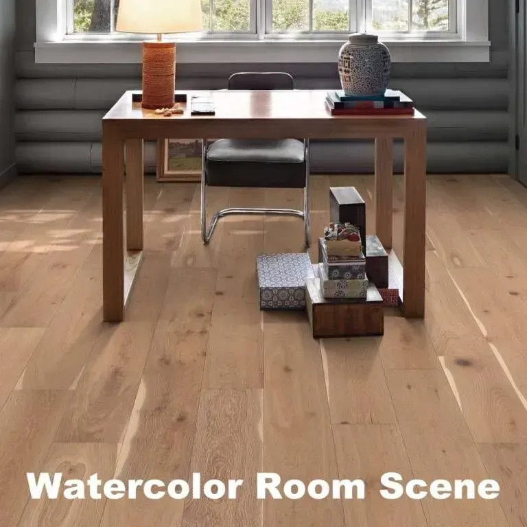 Wooden desk in a room with hardwood floors. A lamp, chair, books, and boxes sit on or near the desk by a window.
