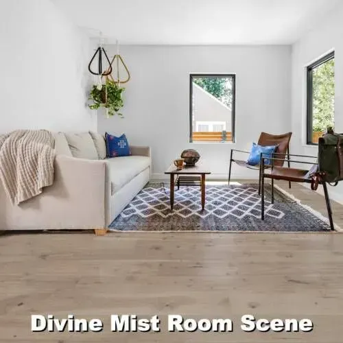 Living room with cream-colored sofa, patterned rug, wooden floors, brown chair, and hanging plant.