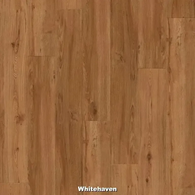 Close-up of hardwood flooring planks in a light brown color with the word