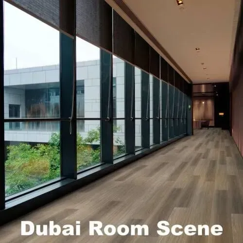 Interior hallway with large windows, city view, wood-look flooring, roller shades.