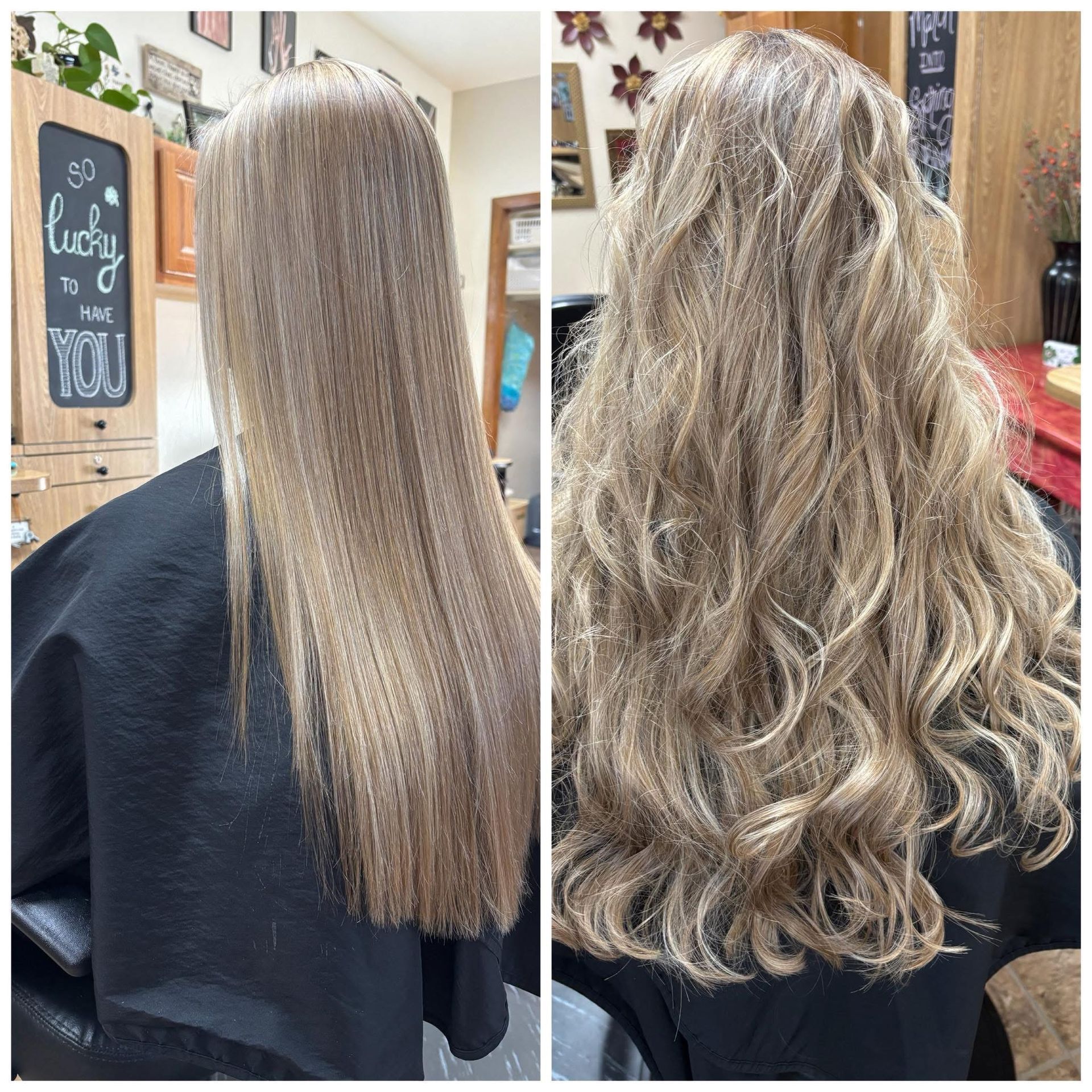 Hair salon before-and-after: straight blonde hair transformed into long, wavy curls