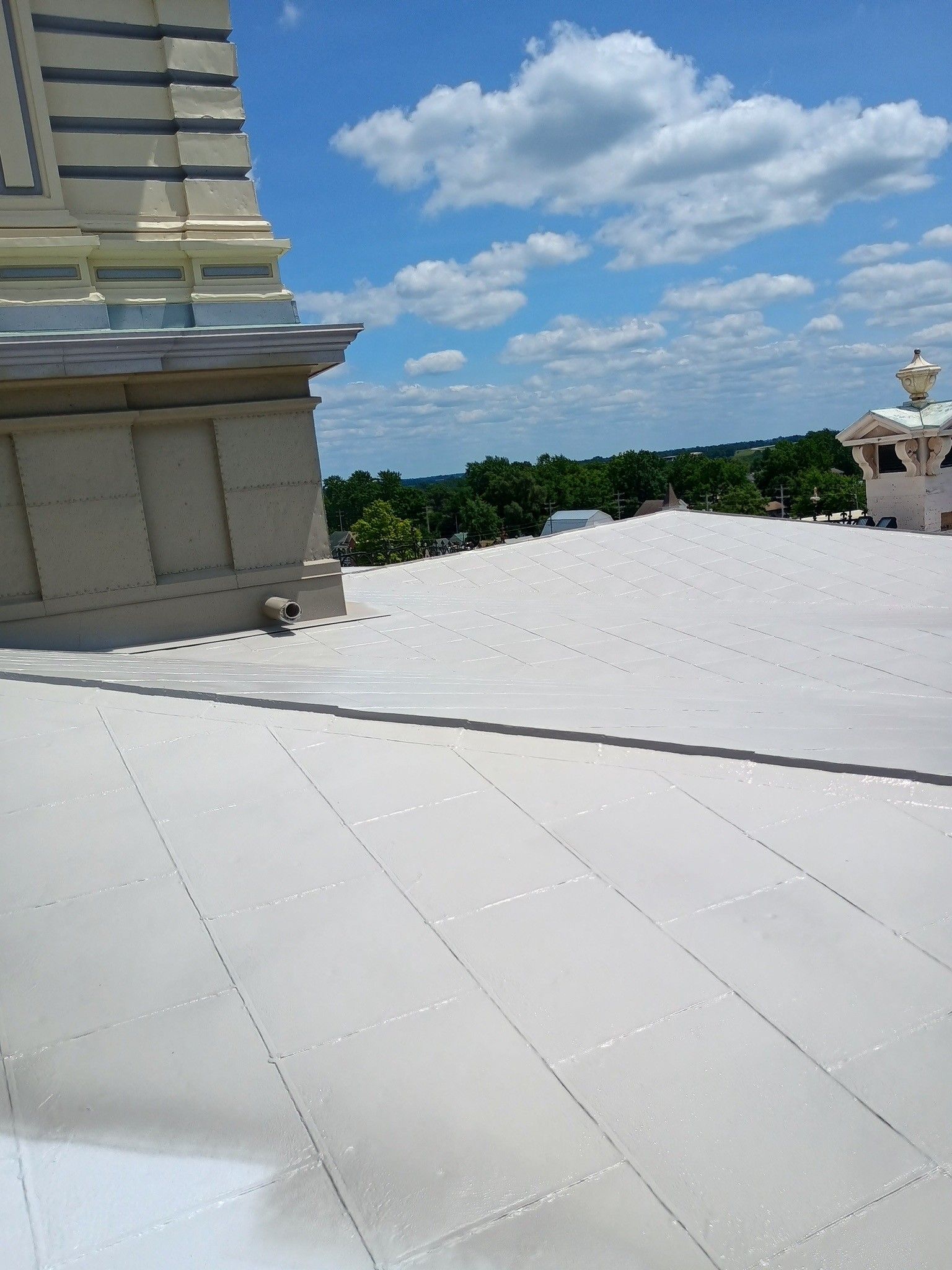A light-colored flat roof extends toward a tree line under a bright blue, partly cloudy sky, with a building corner nearby.