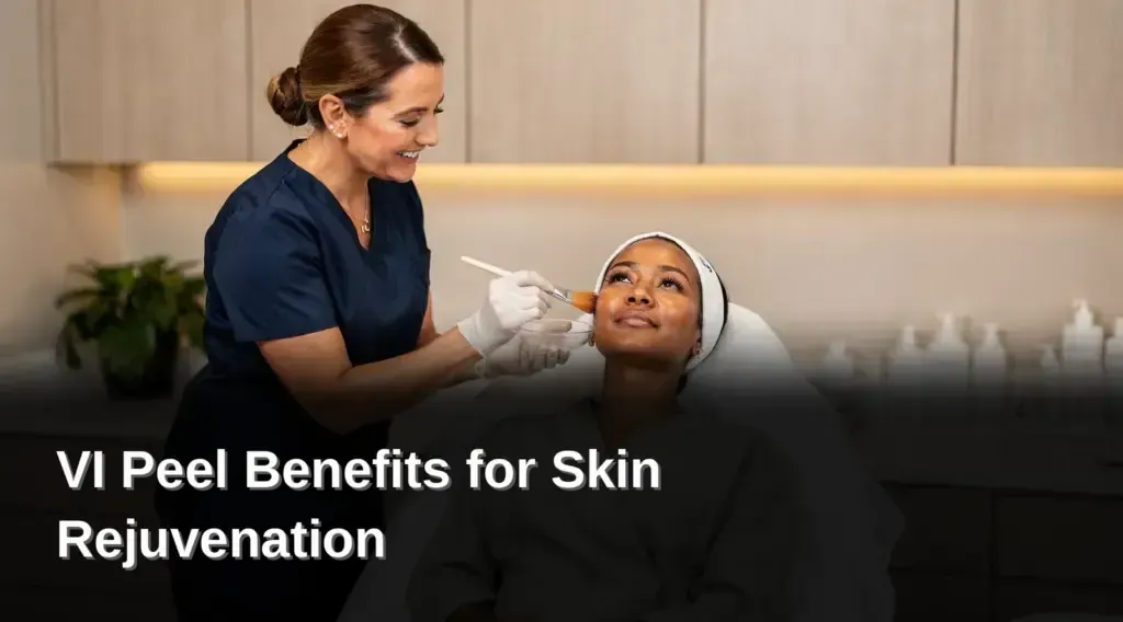 Provider performing VI peel on client in spa, with text “VI Peel Benefits for Skin Rejuvenation”