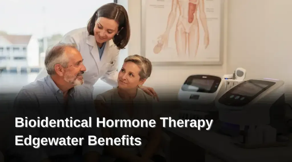 Doctors consulting in a medical office with text: “Bioidentical Hormone Therapy Edgewater Benefits”
