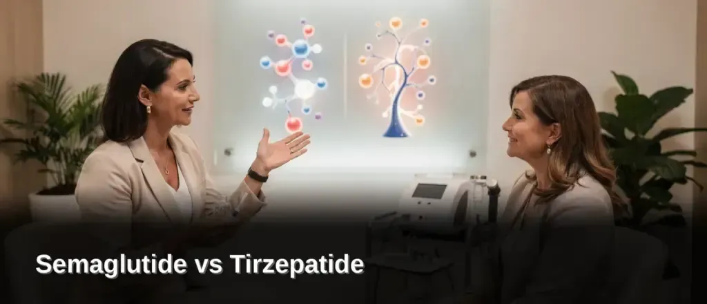 Two women discussing Semaglutide vs Tirzepatide beside a glowing comparison chart in an office
