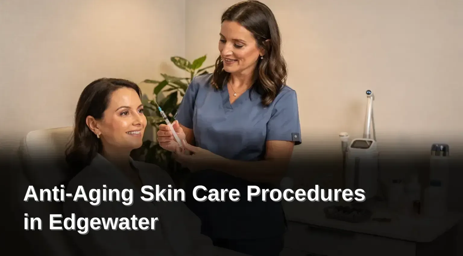 Skin care consultation in a spa, with a woman receiving treatment and text: “Anti-Aging Skin Care Procedures in Edgewater”