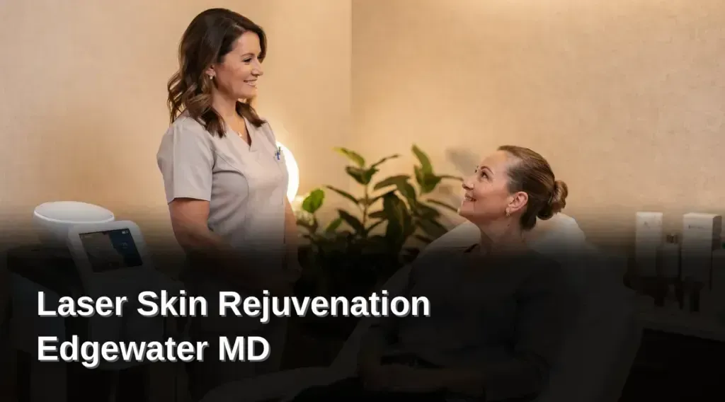 Laser skin rejuvenation consultation in a softly lit clinic with patient and provider at Edgewater MD