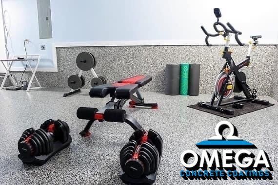 Gym equipment in a garage