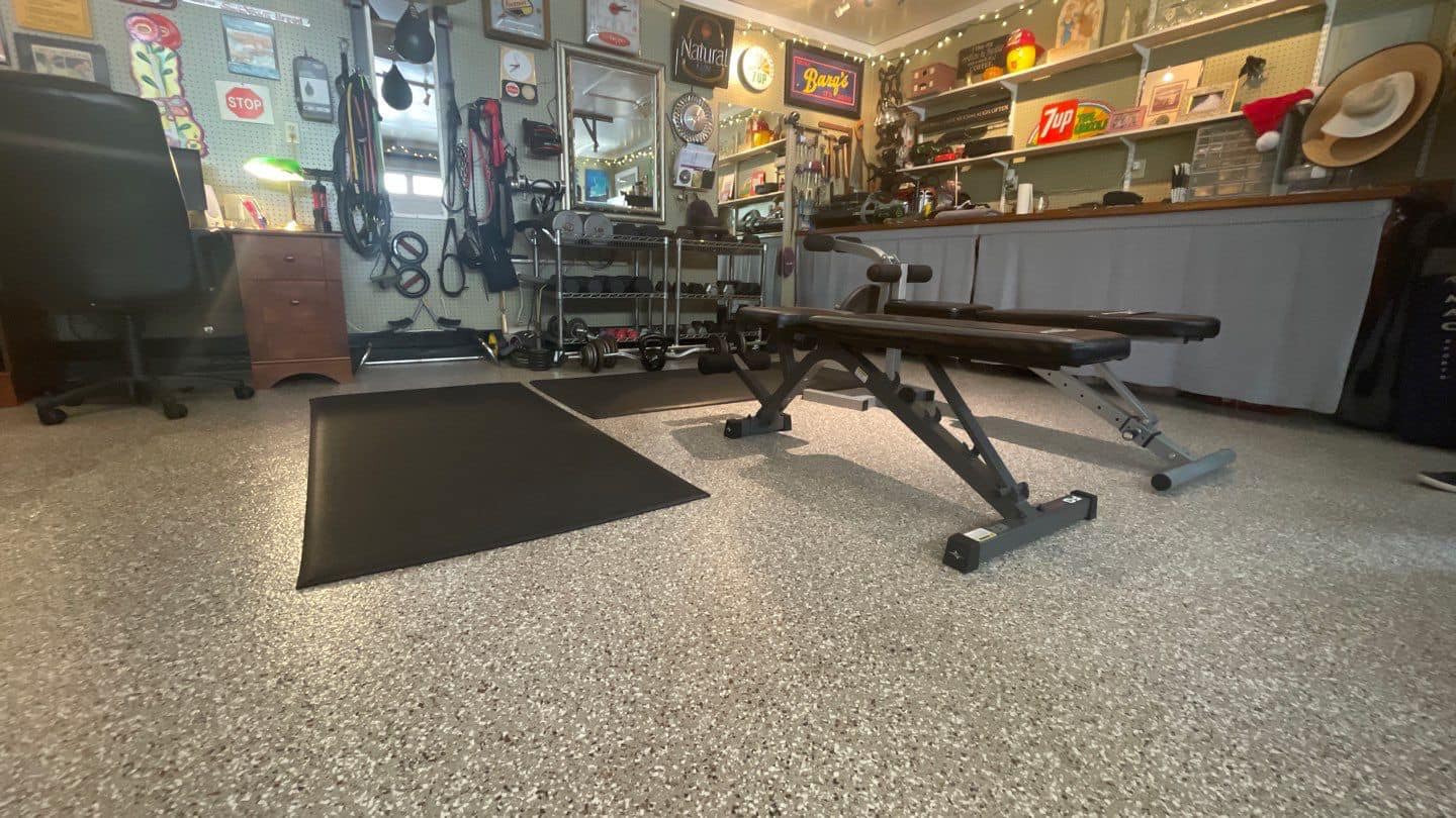 Gym equipment inside a garage