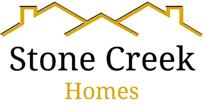 The logo for stone creek homes shows a house with a mountain in the background.