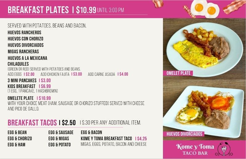A menu for a restaurant shows breakfast plates for $ 10.99