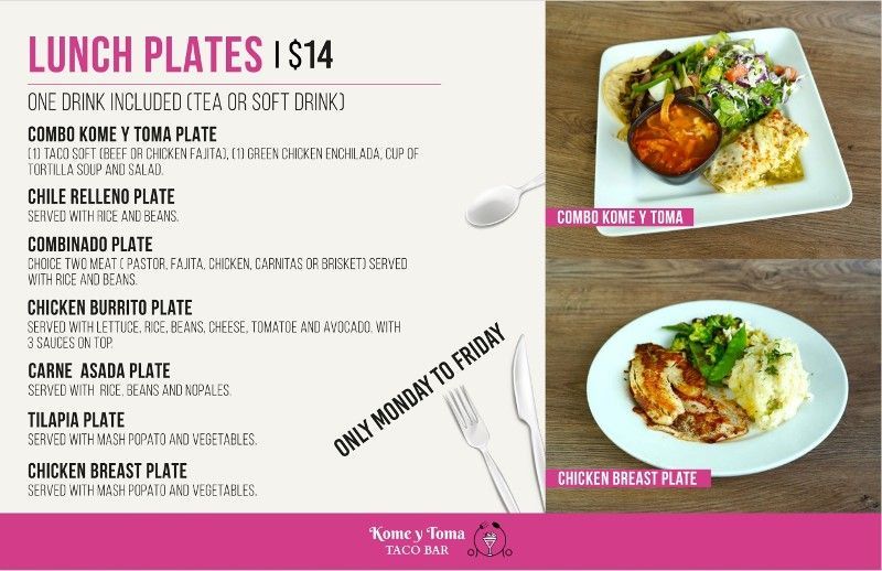 A menu for a restaurant shows a variety of lunch plates for $ 14