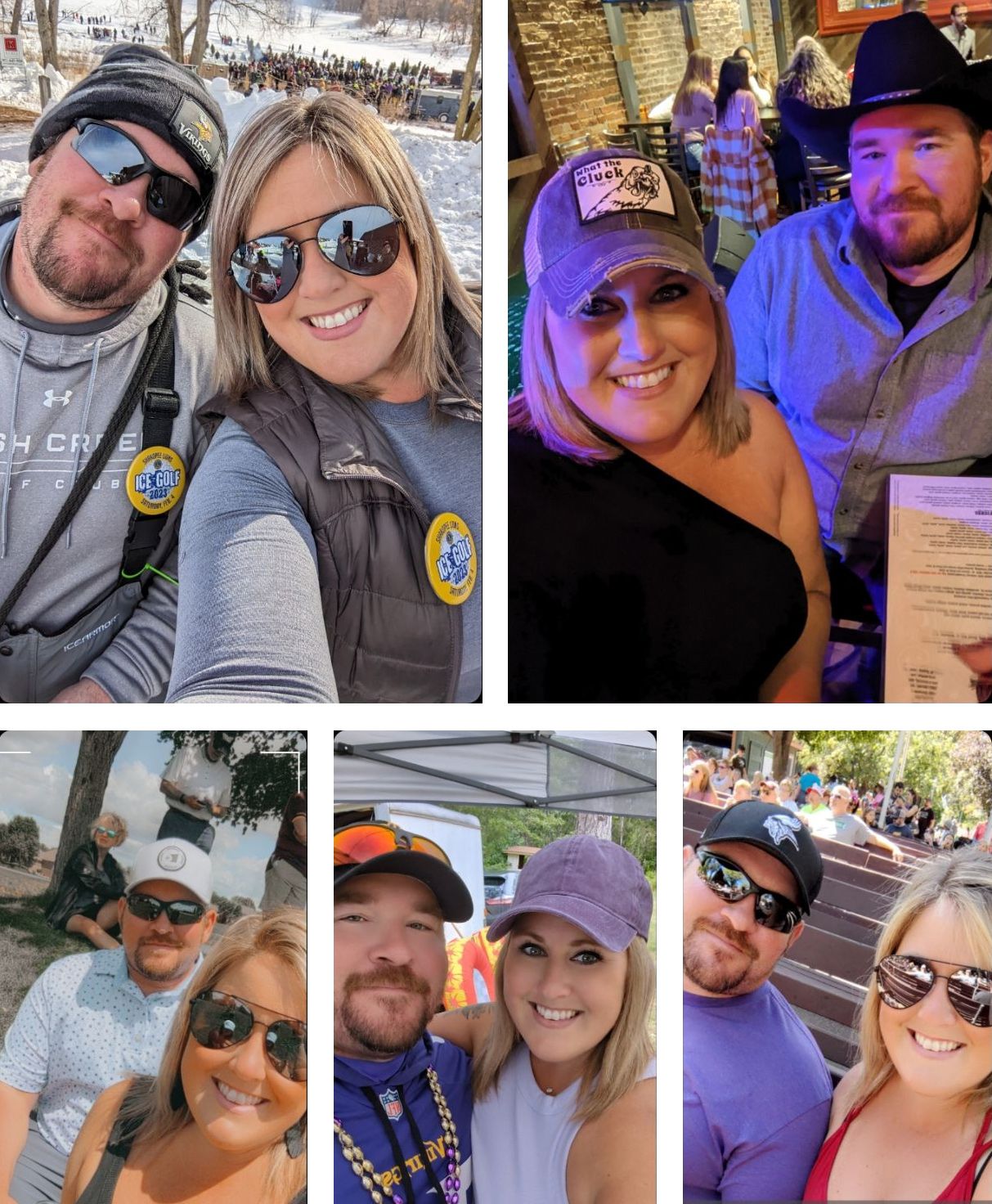 A collage of photos of a man and a woman wearing sunglasses and hats.