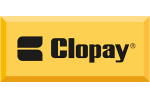 Clopay logo: black text and symbol on a yellow rectangular background.