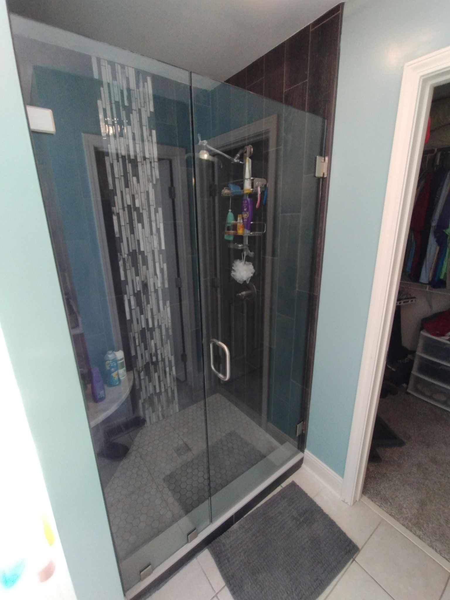 A walk-in glass shower enclosure with a dark tiled wall, inside a bathroom with light blue walls and a nearby closet door. 