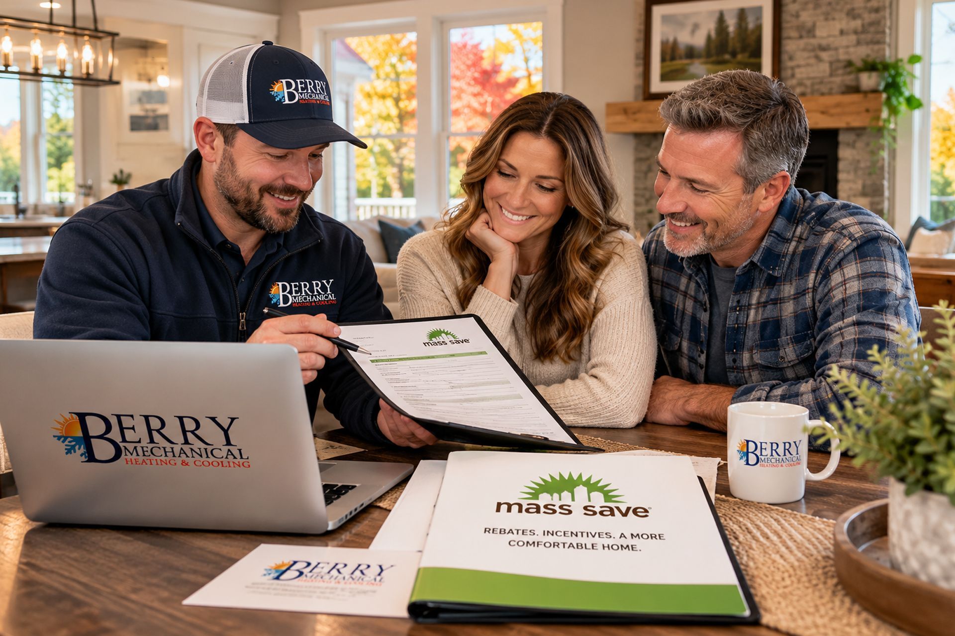 Three people reviewing Berry marketing materials in a bright kitchen, with laptop, binder, and coffee mug
