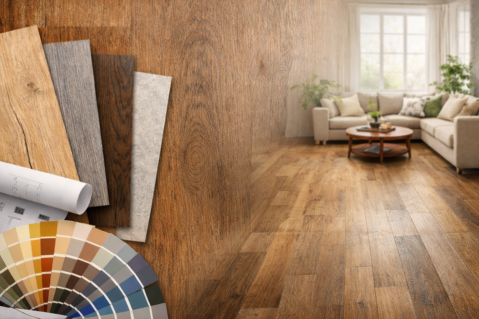 Wood flooring samples with color swatches beside a bright living room with hardwood floors