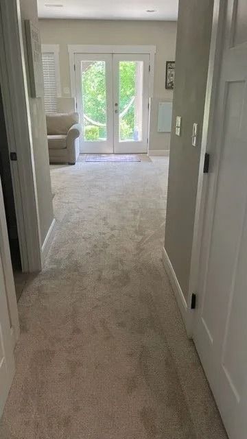 Carpeted hallway leading to bright French doors and a living room beyond