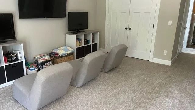 Living room with two gray chairs, TV, white shelves, and a closed double-door closet on beige carpet.
