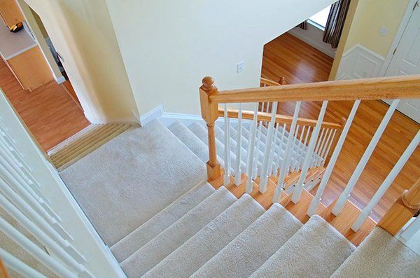 Carpeted staircase with white railings and a wooden banister, viewed from the top landing