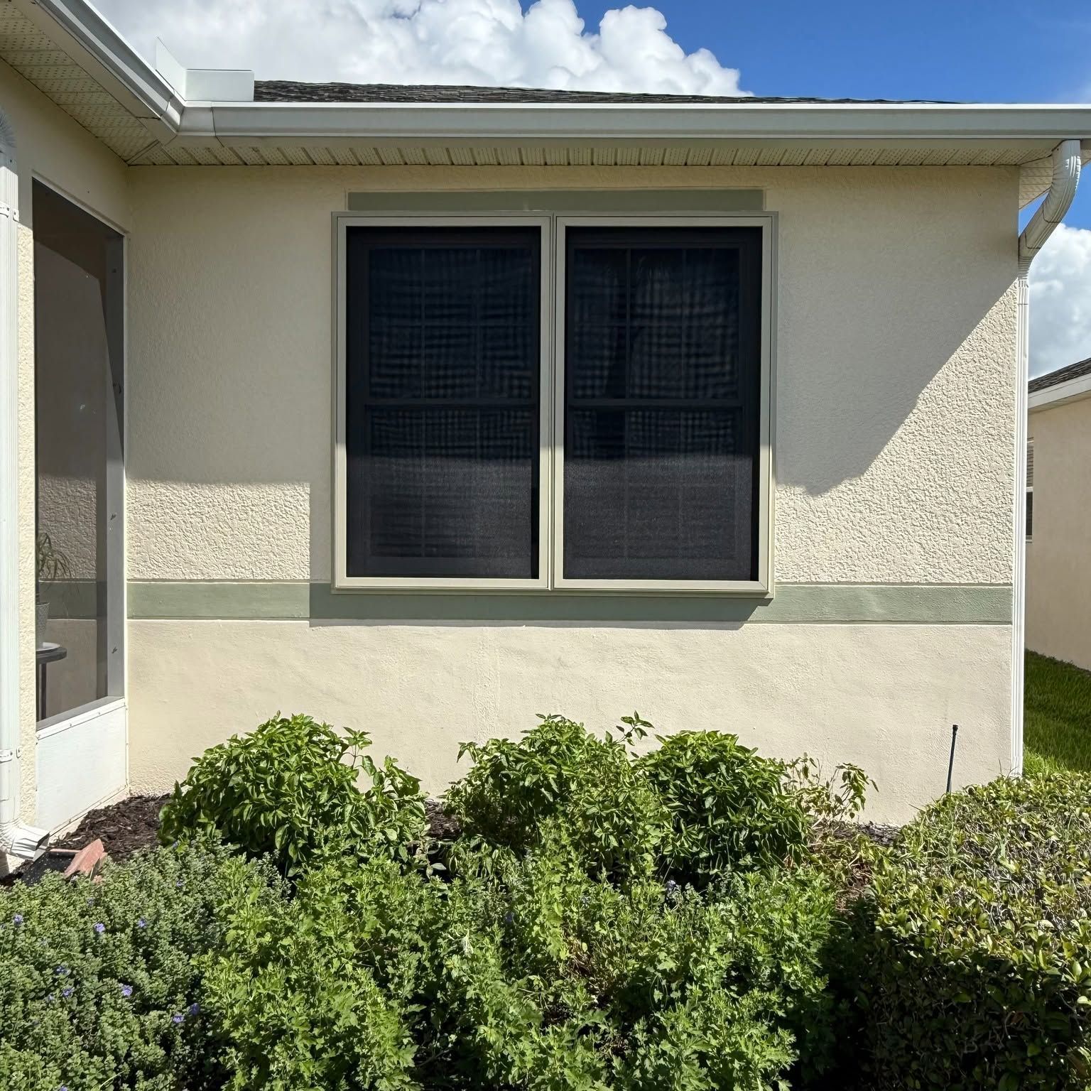 Cream stucco house wall with a dark window and green shrubs in front under a sunny sky