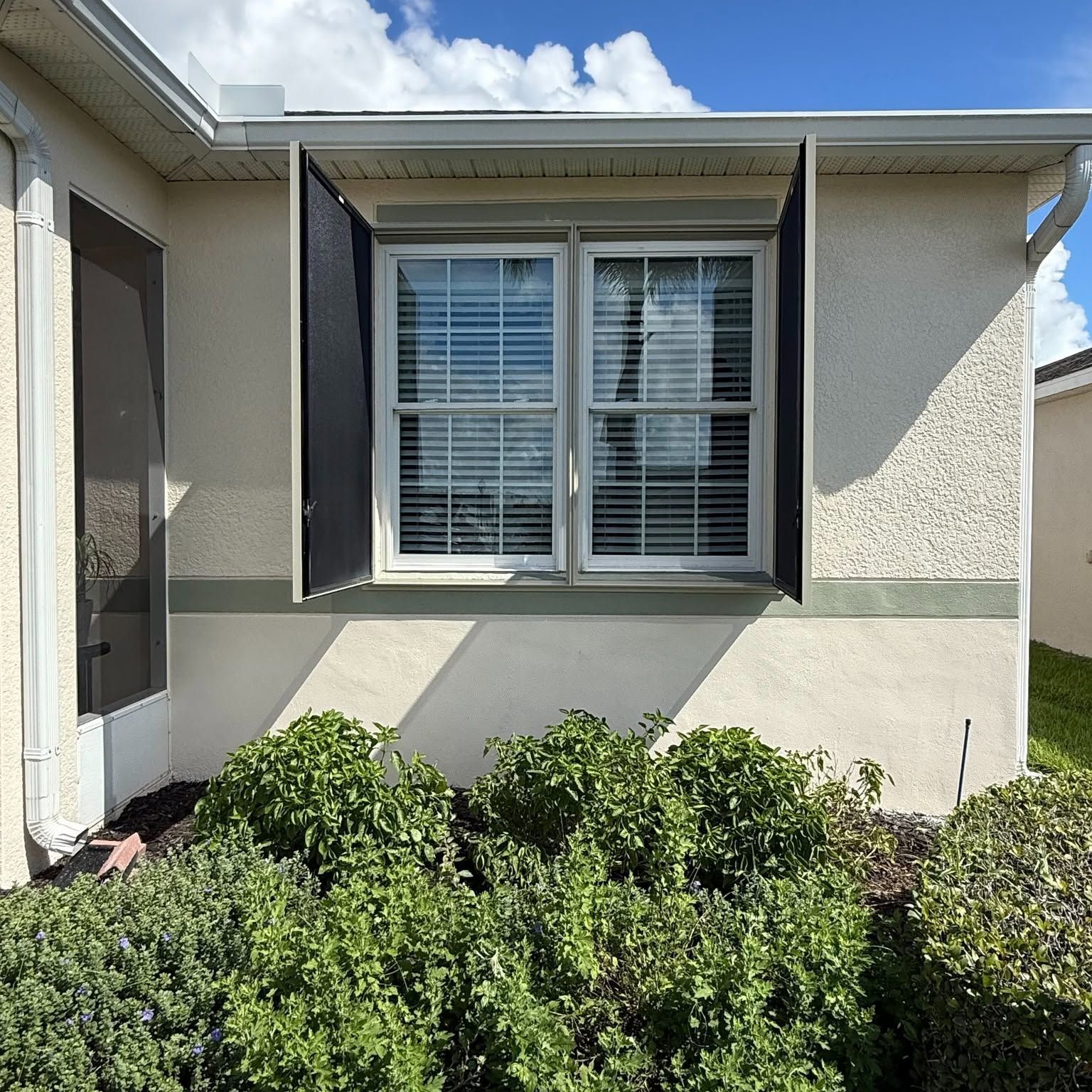 Front of a stucco house with a window, shutters, and green shrubs under a blue sky.