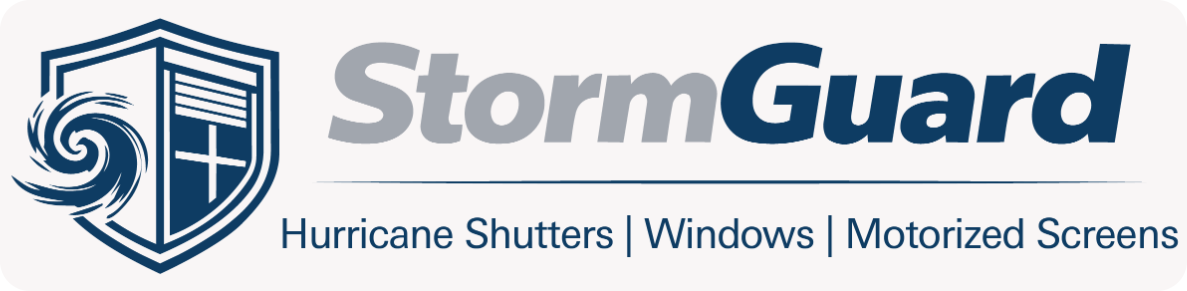 StormGuard logo with shield icon and text: “Hurricane Shutters | Windows | Motorized Screens”