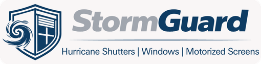 StormGuard logo with shield icon and text: “Hurricane Shutters | Windows | Motorized Screens”