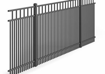 Black metal fence with vertical bars.