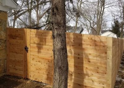 Wooden fence with gate, tree in the foreground, near a building.