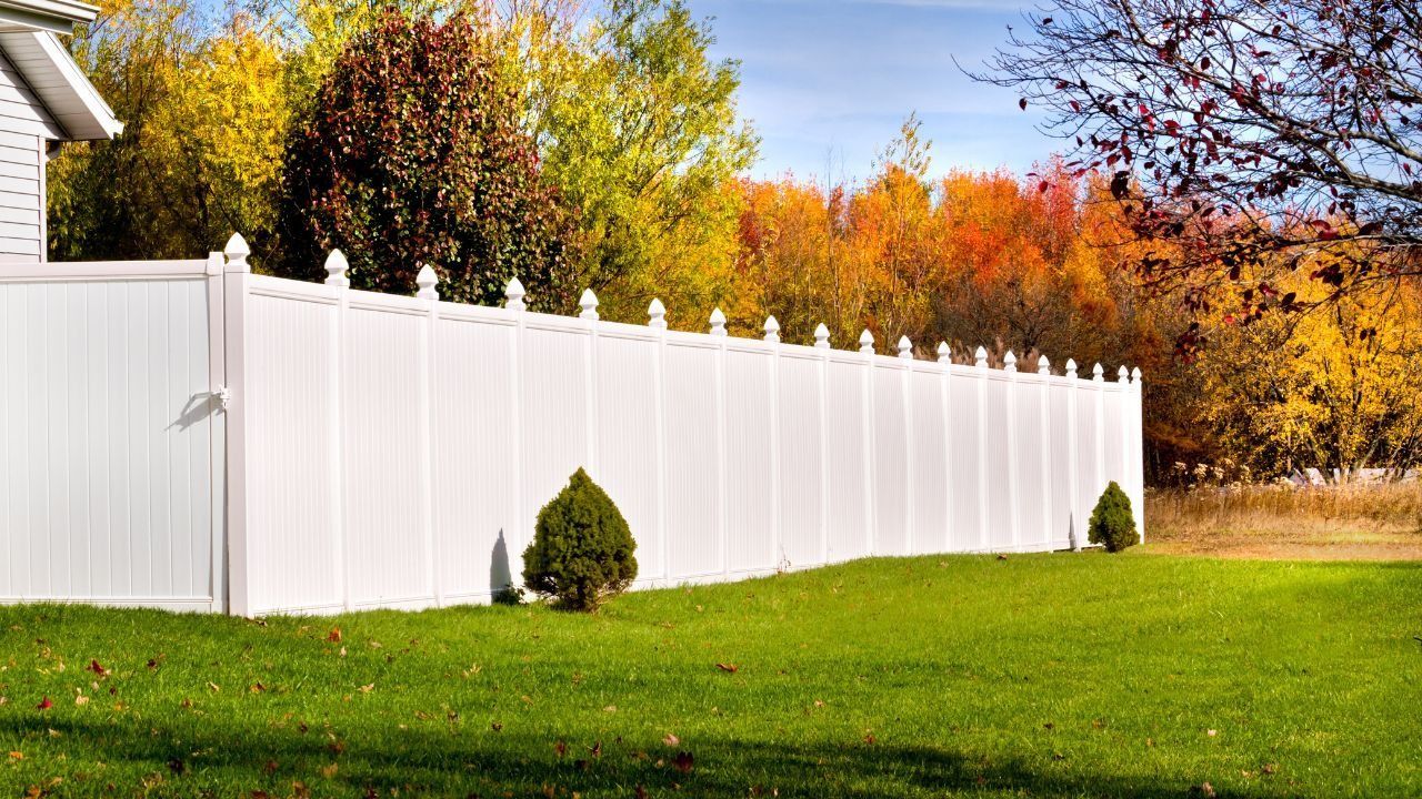 White vinyl fence bordering a green lawn, autumn trees in the background.