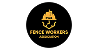 Black circle logo with yellow text and graphic of a worker's helmet and fence design. Fence Workers Association.