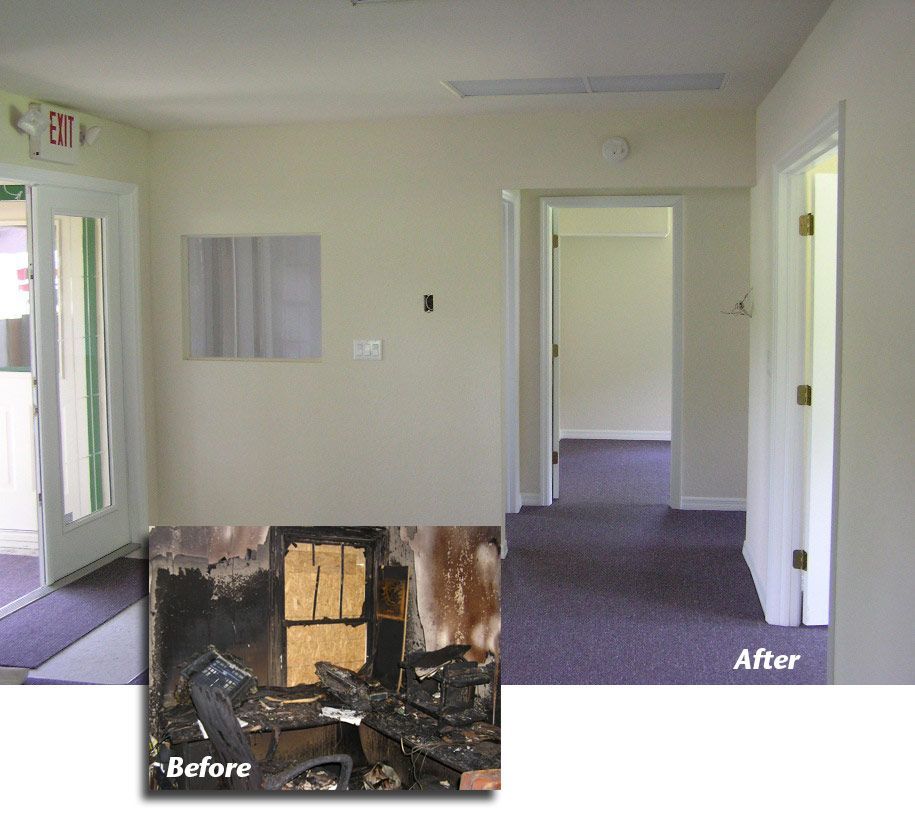 A before and after photo of a room with an exit sign