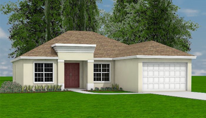 An artist 's impression of a house with a brown roof and a white garage door.