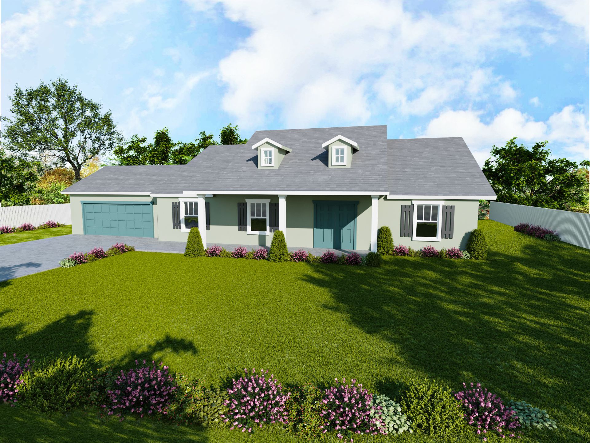 A grey house with a gray roof and turquoise garage and front doors