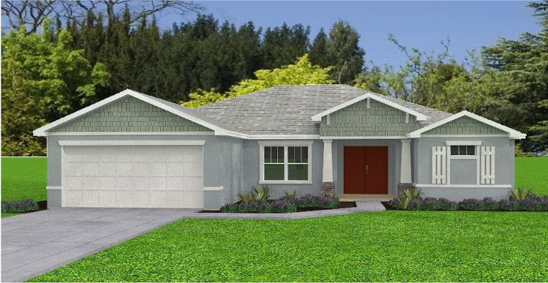 A rendering of a house with a green roof and a white garage door.