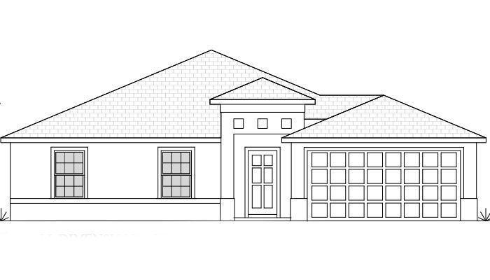 A black and white drawing of a house with a garage.