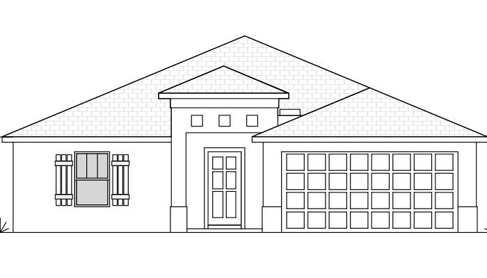 A black and white drawing of a house with a garage door.