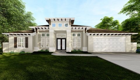 An artist 's impression of a modern house with a large garage.