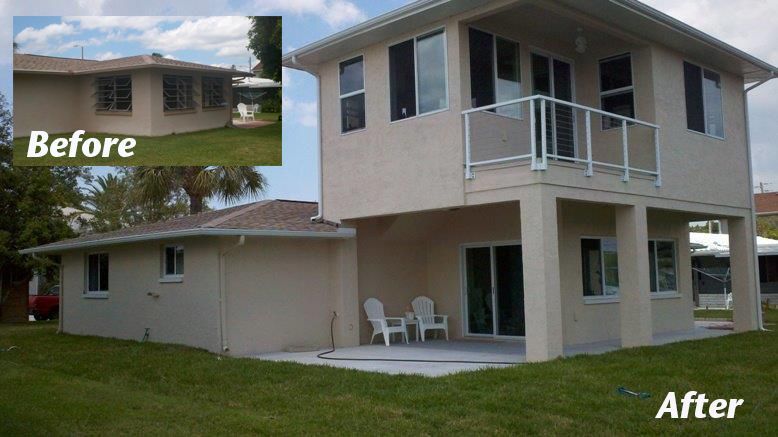 A before and after picture of a house with a balcony