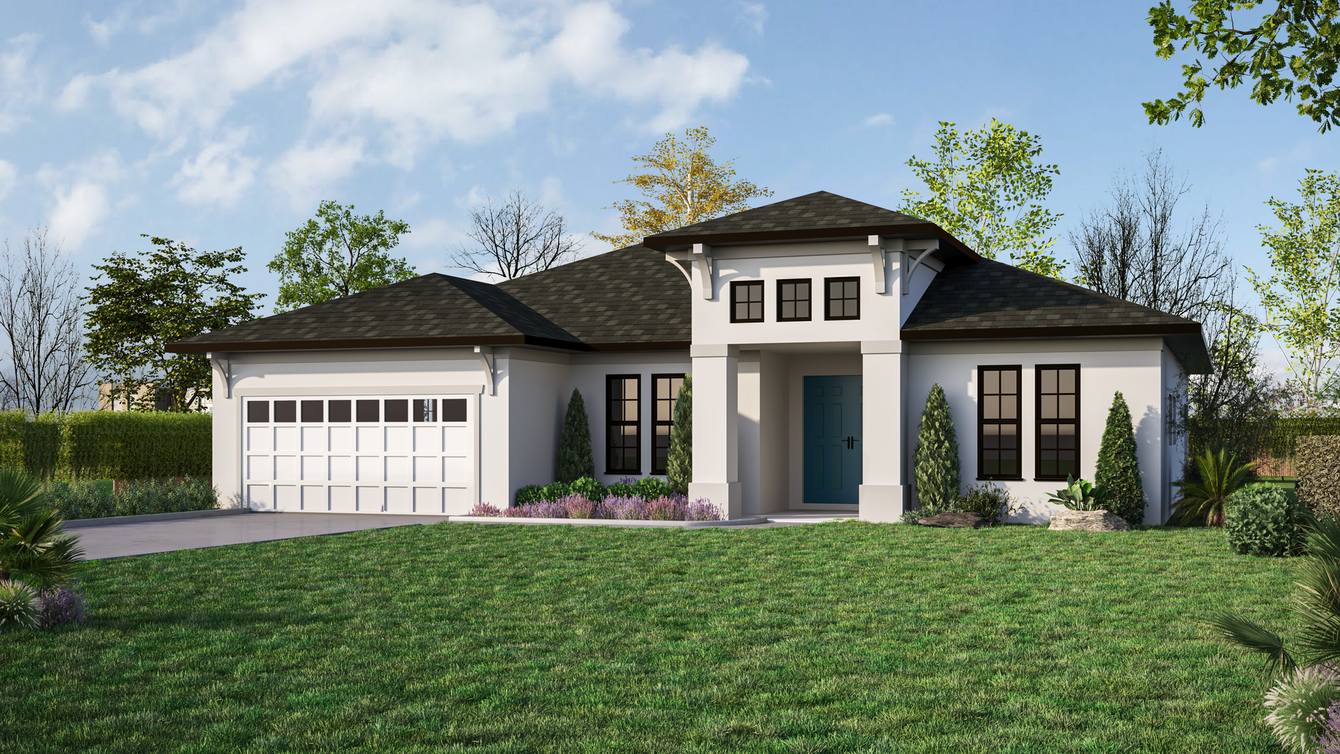 White single-story house with a black roof, teal front door, and a garage