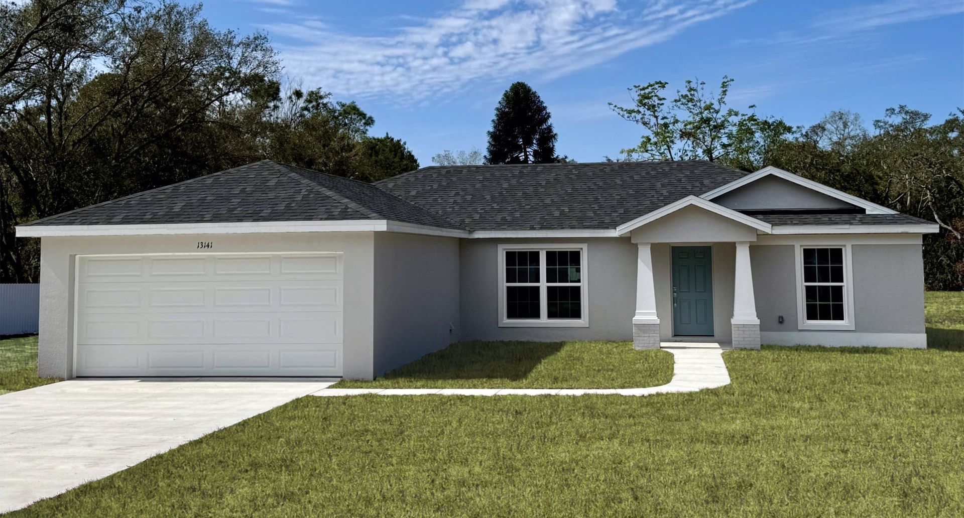 A rendering of a house with a gray roof and a white garage door.