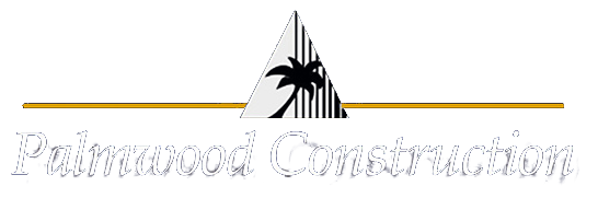 The logo for palmwood construction is a triangle with a palm tree on it.